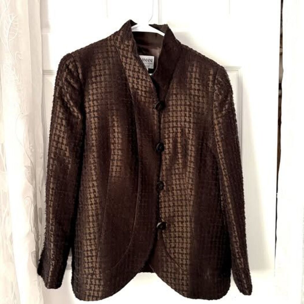 Armani Collezioni Brown Houndstooth Blazer women Size 14 Wool Silk Blend Italy